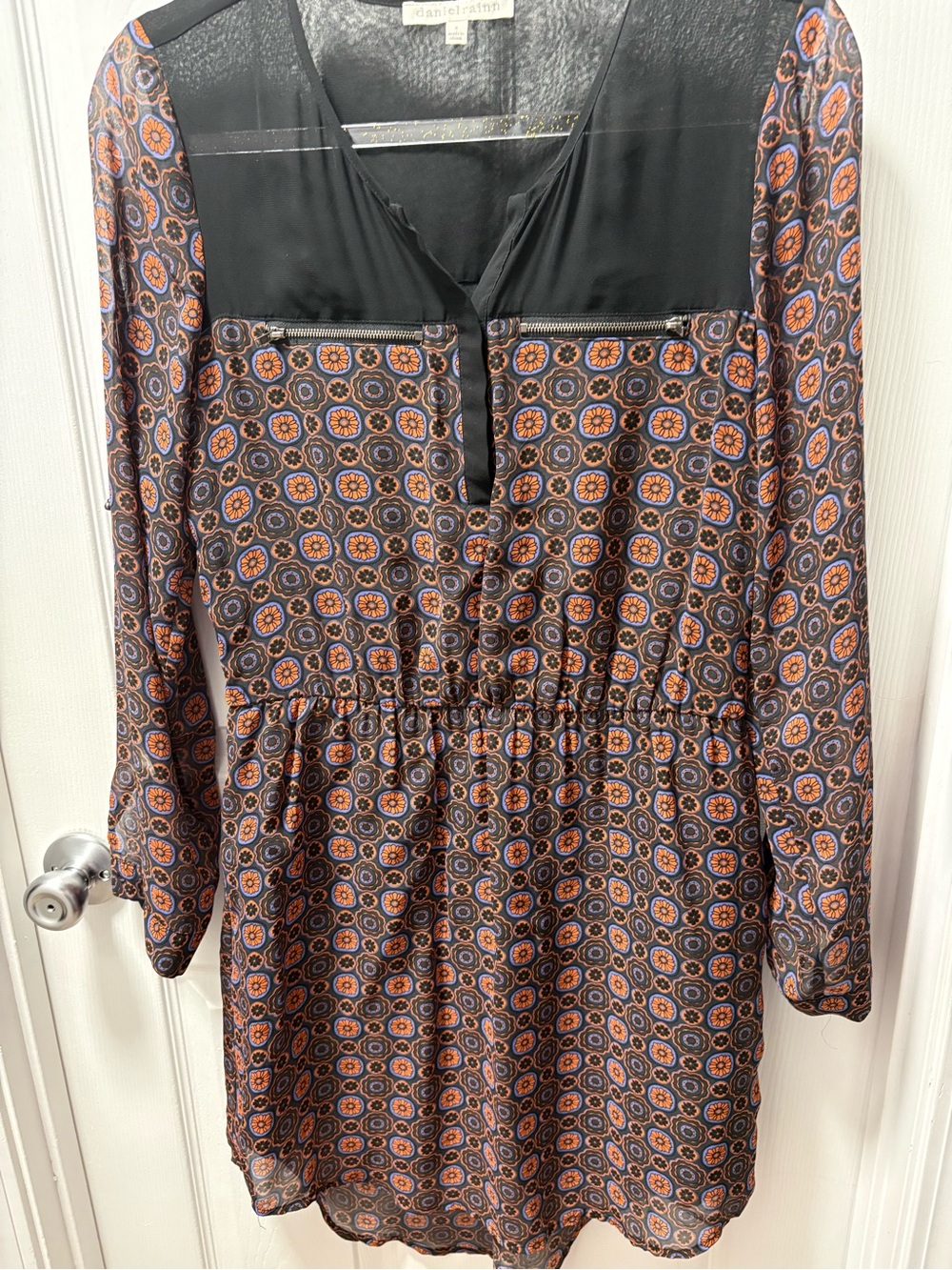 Daniel Rainn Black and Rust Printed Long-Sleeve Tunic Dress